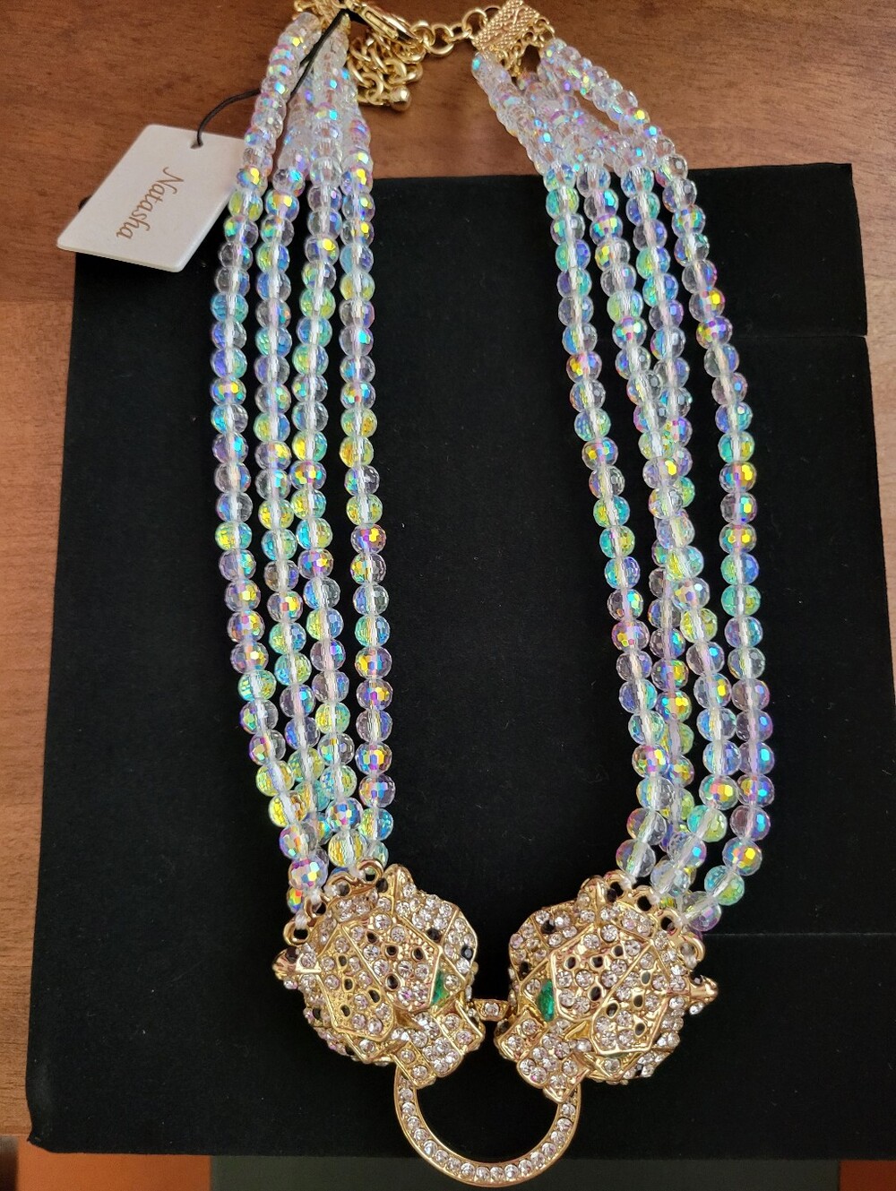 Natasha Iridescent Beaded Leopard Clasp Necklace - Gold and Clear